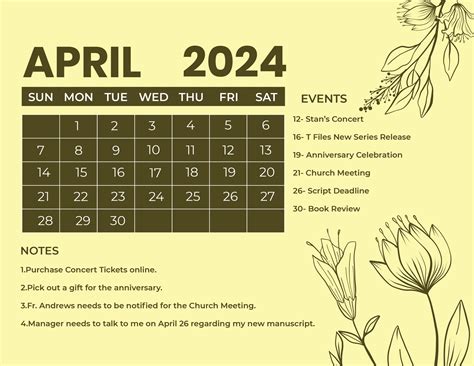 Simple April 2024 Calendar In Eps  Illustrator Word Svg