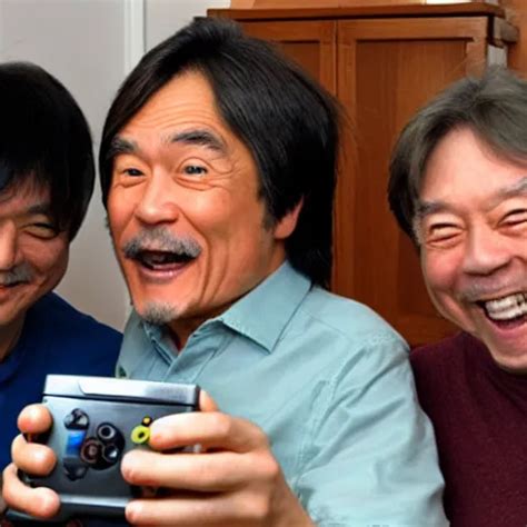 Detailed Photo Of Shigeru Miyamoto Showing Two Happy Stable Diffusion