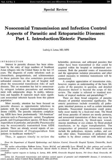 Nosocomial Transmission And Infection Control Aspects Of Parasitic And Ectoparasitic Diseases