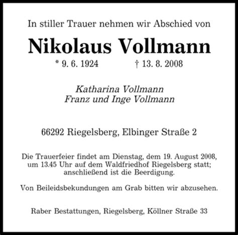 Traueranzeigen Von Nikolaus Vollmann Saarbruecker Zeitung Trauer De