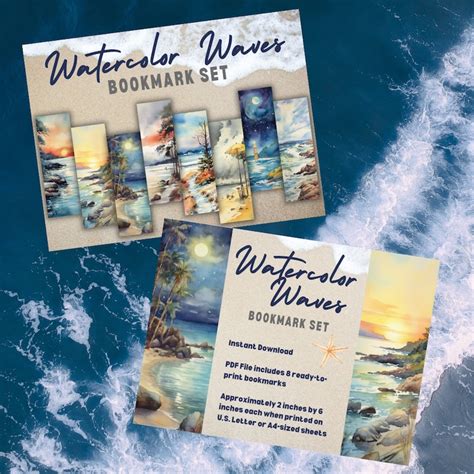 Watercolor Waves Printable Watercolor Bookmarks Set Of 8 Calming Beach Bookmarks Instant Digital