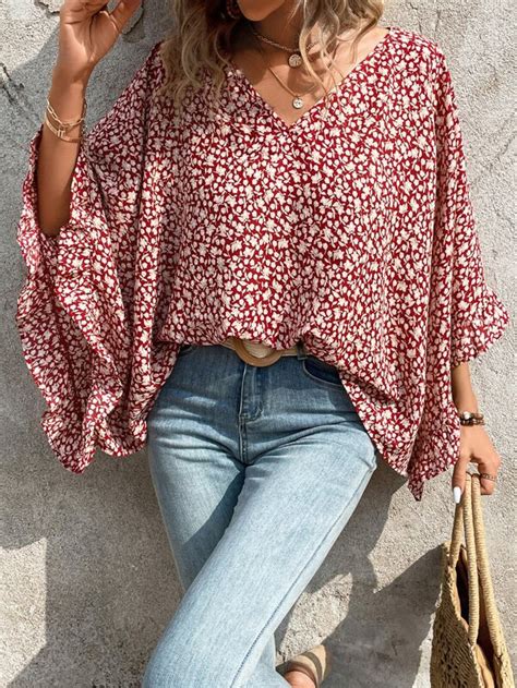 Shein Lune Ditsy Floral Print Batwing Sleeve Blouse Shein Usa