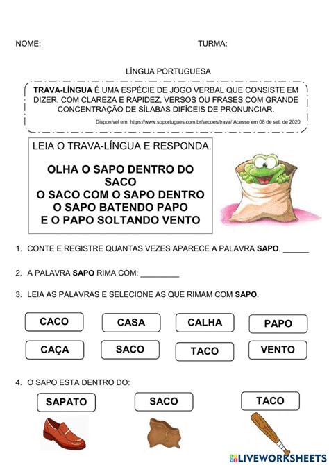 O Sapo Dentro Do Saco Worksheet Videos Tutorial Google Classroom