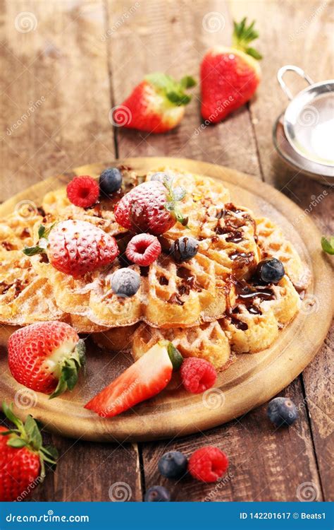 Waffle Traditional Belgian Waffles With Fresh Fruit And Powder Sugar