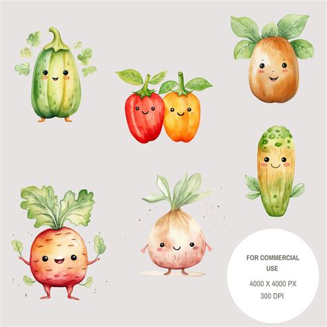 Watercolor Kawaii Vegetables Clipart Kawaii Food Clipart Set Cute