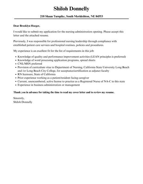 Nursing Administration Cover Letter Velvet Jobs