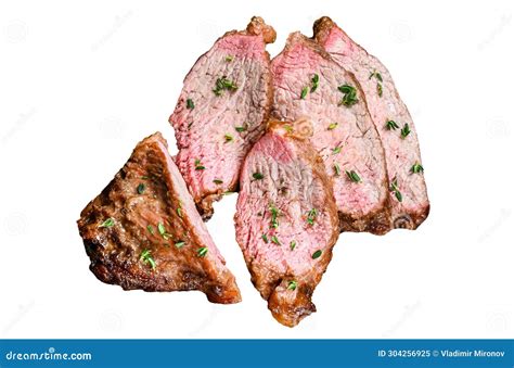 Rare Slices Of Roast Beef Sirloin Tri Tip Steak Bbq Isolated On White Background Top View