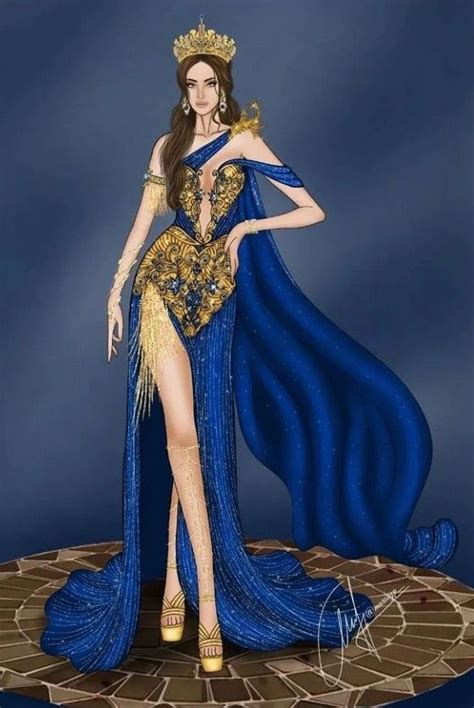 Fashion Illustration Blue And Gold Dress With Crown