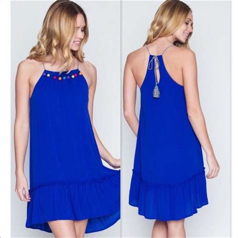 Love Riche Dresses Royal Blue Rayon Dress With Pom Pom Detail Poshmark