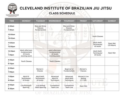 Class Schedule for Youth|Women|Adult Jiu-Jitsu