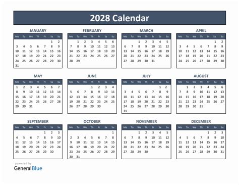2028 Yearly Calendar Templates With Monday Start