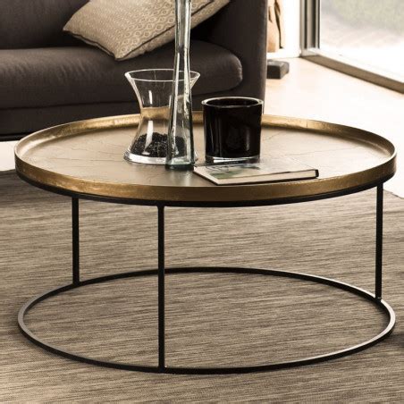 Table basse Aluminium Doré Ronde Pieds Noirs ELEGANCE