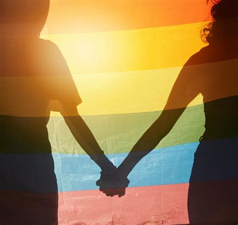 Bandera Del Arco Iris Lgbt Y Silueta De Pareja Cogidos De La Mano Por