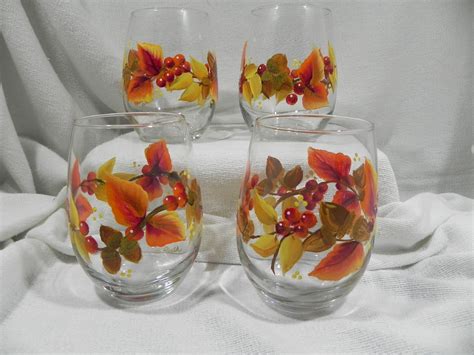 Autumn Stemless Wine Glass Set In Wine Glass Set Hand Painted