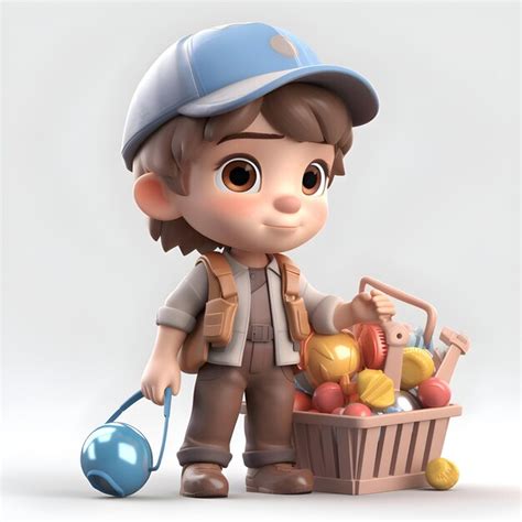 Premium Ai Image D Render Of A Boy Carrying A Basket Full Of Easter Eggs