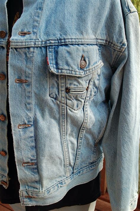 Levis Blue Denim Jacket 90s Vintage With Leather Col… Gem