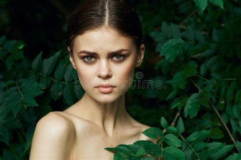 Portrait Of A Woman Makeup Posing Naked Shoulders Hairstyle Dark