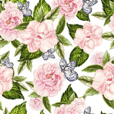 Beautiful Watercolor Seamless Pattern With Roses And Peony Birds