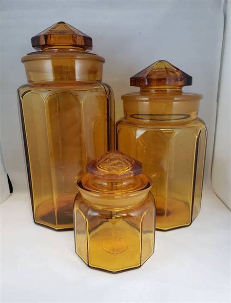 Amber Glass Canister Set Large Canisters Set Of 3 Country Etsy