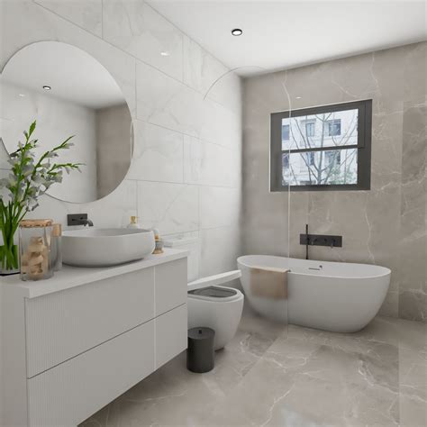 Spacious White And Grey Bathroom Design With White Vanity Unit Livspace