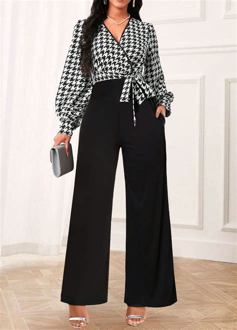 Rotita Patchwork Plaid Black Belted Long V Neck Jumpsuit Rotita