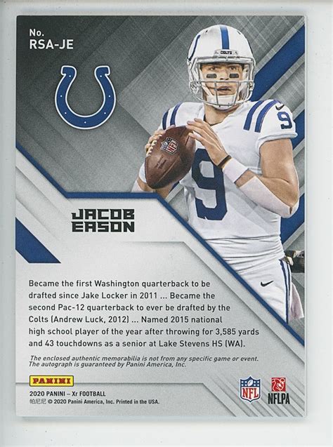 Panini Xr Rookie Swatch Autographs Blue Rsa Je Jacob Eason