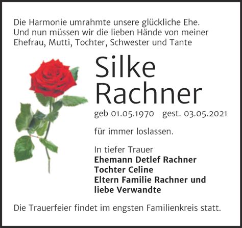 Traueranzeigen Von Silke Rachner Abschied Nehmen De