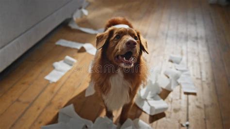 Cute Pet Misbehave Home Close Up. Naughty Dog Unrolling Chewing Toilet Paper Stock Photo - Image ...