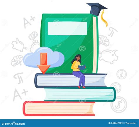 Girl Sitting On Pile Of Books Reading Textbook Education In School