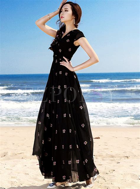 Dresses Maxi Dresses Bohemia V Neck Waist Embroidered Maxi Dress