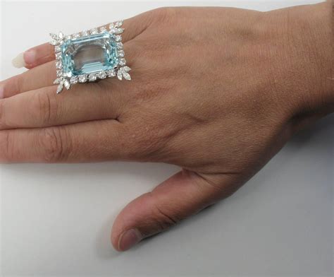 47 Carat Natural Aquamarine Diamond Platinum Ring Estate Fine Jewelry