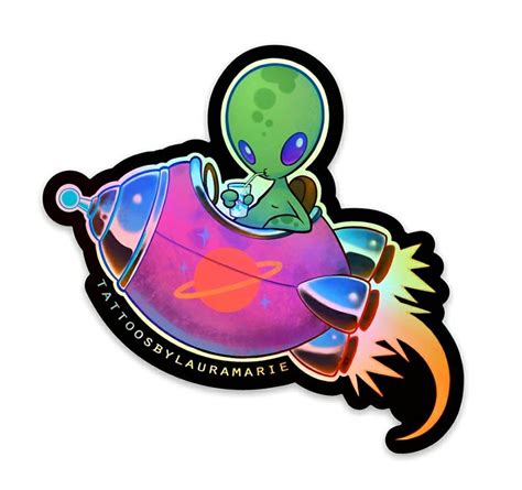 Holographic Alien Rocketship Sticker X Inch Etsy