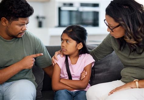 Premium Photo | Family discipline and fight with parents and girl in living room talking for ...