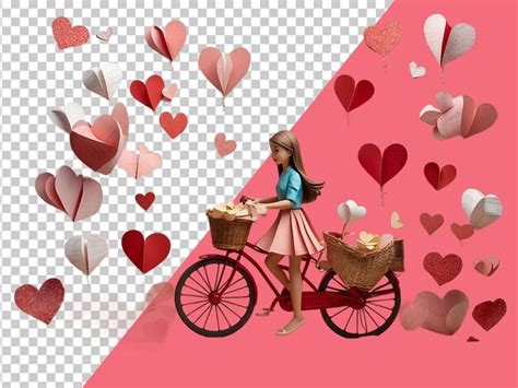 Una Chica Linda Montando Una Bicicleta Con Corazones Flotantes