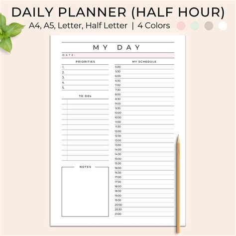 Daily Planner Printable Half Hour Daily Planner Day Planner