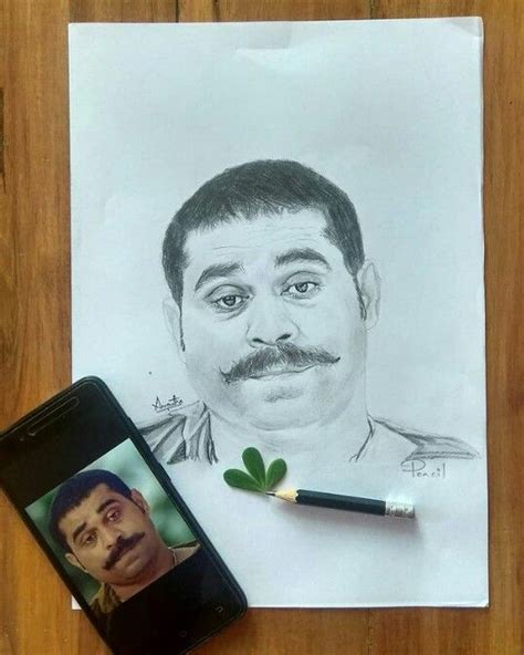 A Pencil Drawing Of A Man With A Mustache Next To A Cell Phone