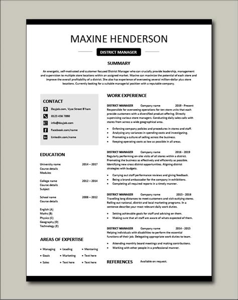 District Manager Resume Sample