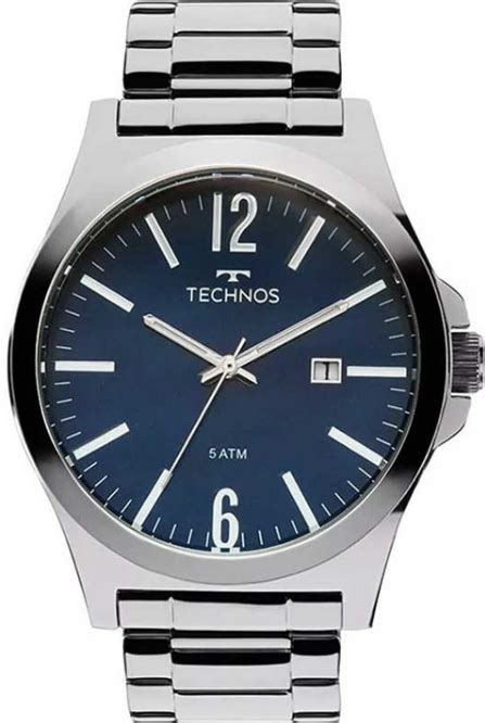 Relógio Technos Masculino Steel Prata Fundo Azul e Calendário