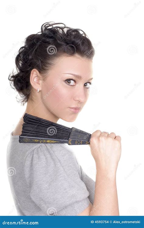 Brunette Holding A Fan Stock Photo Image Of Face Beautiful 4593754