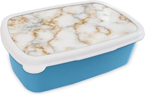 Broodtrommel Blauw Lunchbox Brooddoos Marmer Wit Grijs Goud