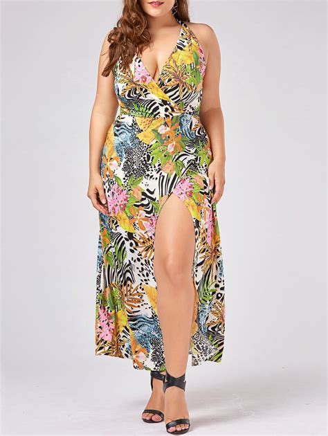 64 OFF Halter Neck High Slit Plus Size Hawaiian Dress Rosegal