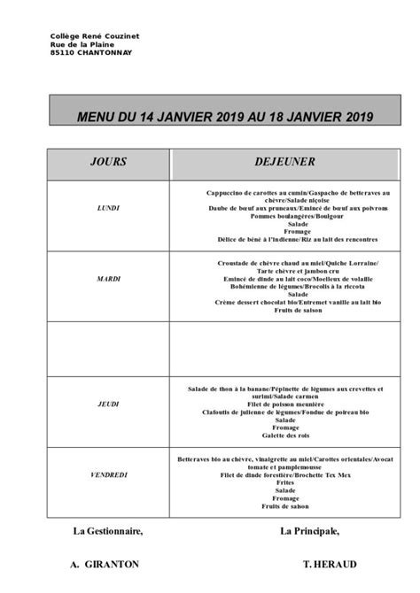 Menu Semaine Du Au Janvier Coll Ge Rene Couzinet