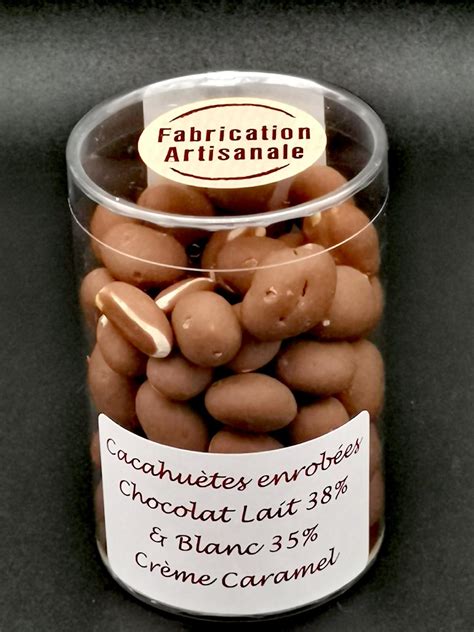 Cacahuètes enrobées Lait 38 et Blanc Crème Caramel Chocolaterie