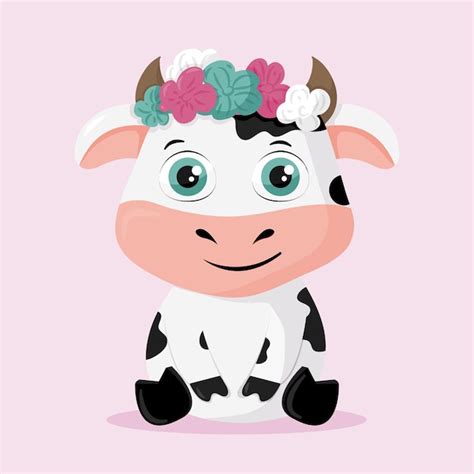 Vaca Bonito Dos Desenhos Animados Com Flores Vetor Premium