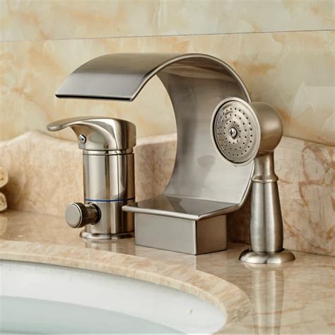 Nickel Brushed Bathroom Waterfall Bath Tub Faucet Set Deck Mount