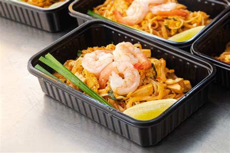 Thai Food Lunch Boxes in Plastic Packages, Pad Thai Noodles Stock Photo ...