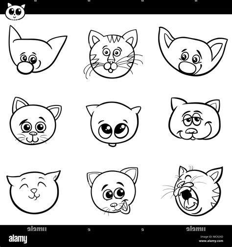 Black And White Cartoon Illustration Of Funny Cats And Kittens Heads