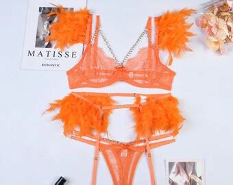 Feather Lace 3 Piece Lingerie Set With Silver Chain Blue Etsy