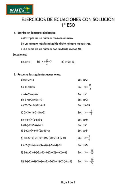 Ecuaciones con solucion EJERCICIOS DE ECUACIONES CON SOLUCIÓN 1º ESO