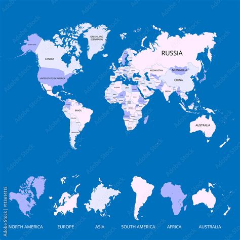 Naklejka Mapa Wiata Z Nazwami Kraj W I Kontynent W Ilustracja